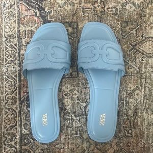 Zara Light Blue Stirrup Details Flat Leather Slides